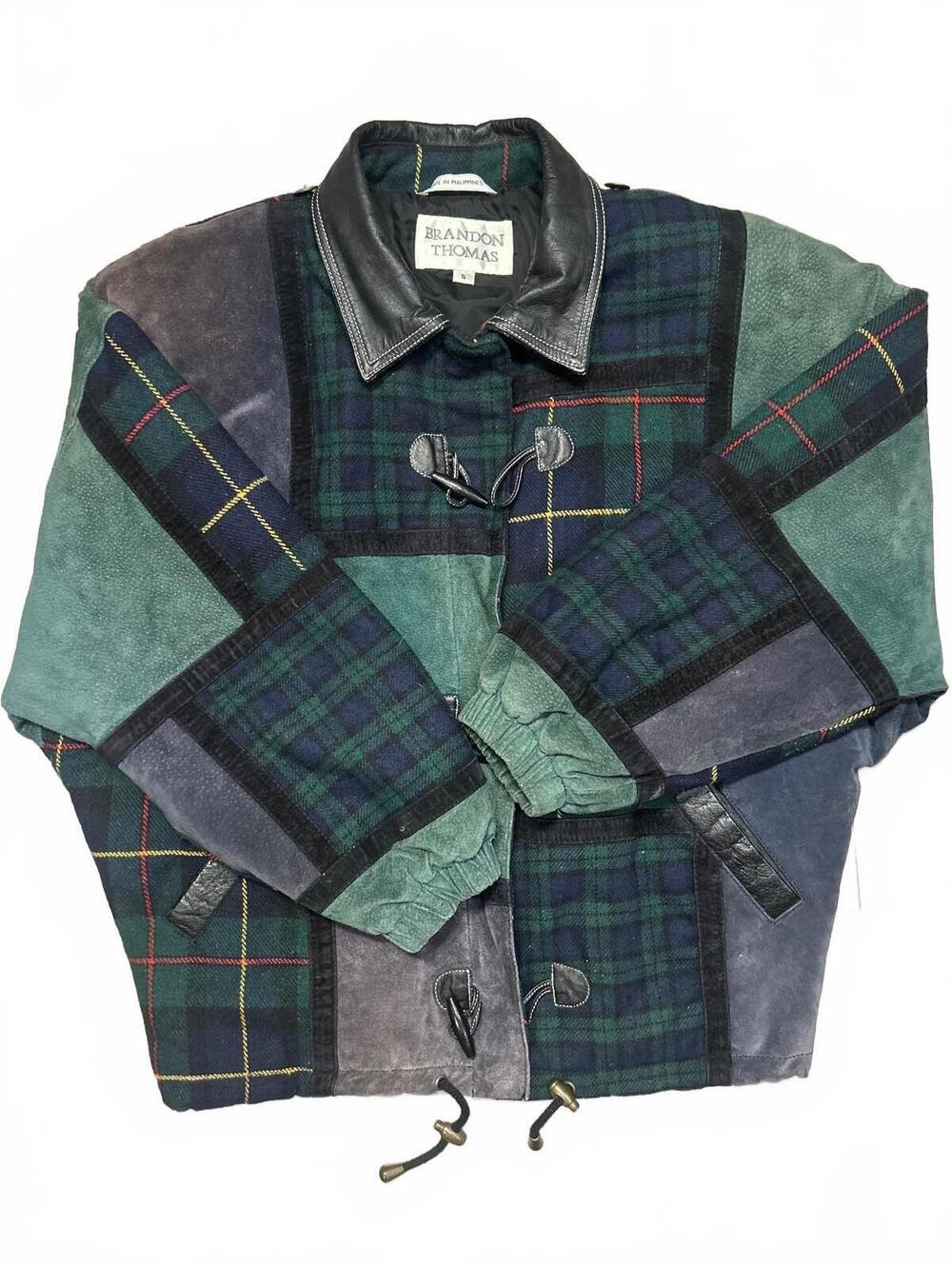 Brandon Thomas Vintage 90s Patchwork Jacket Tartan Wool, Suede Toggle Coat Sz S